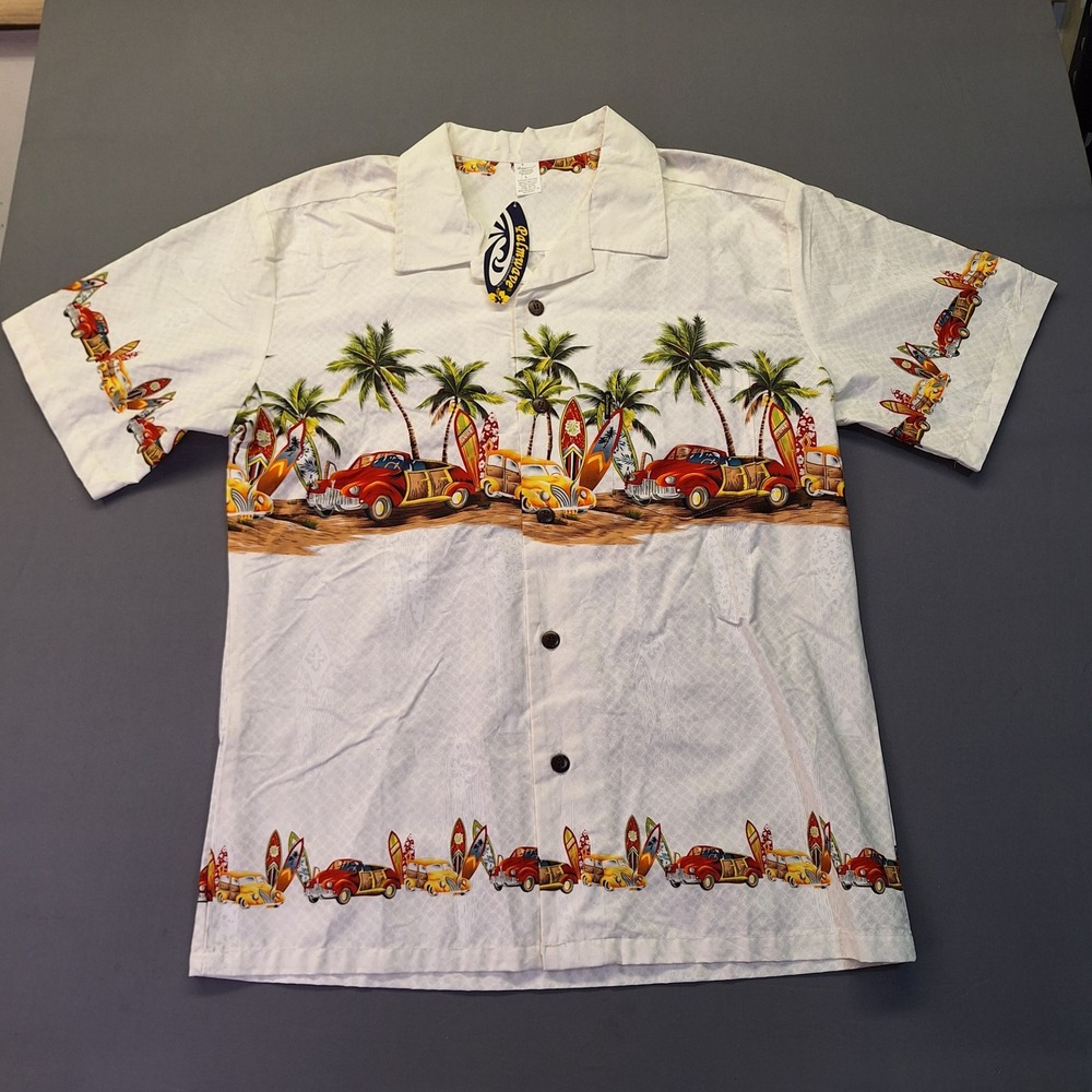 Palmwave Hawaii Mens Aloha Shirt Cotton‎ Woodie Surfboard White C90-A2994 Large